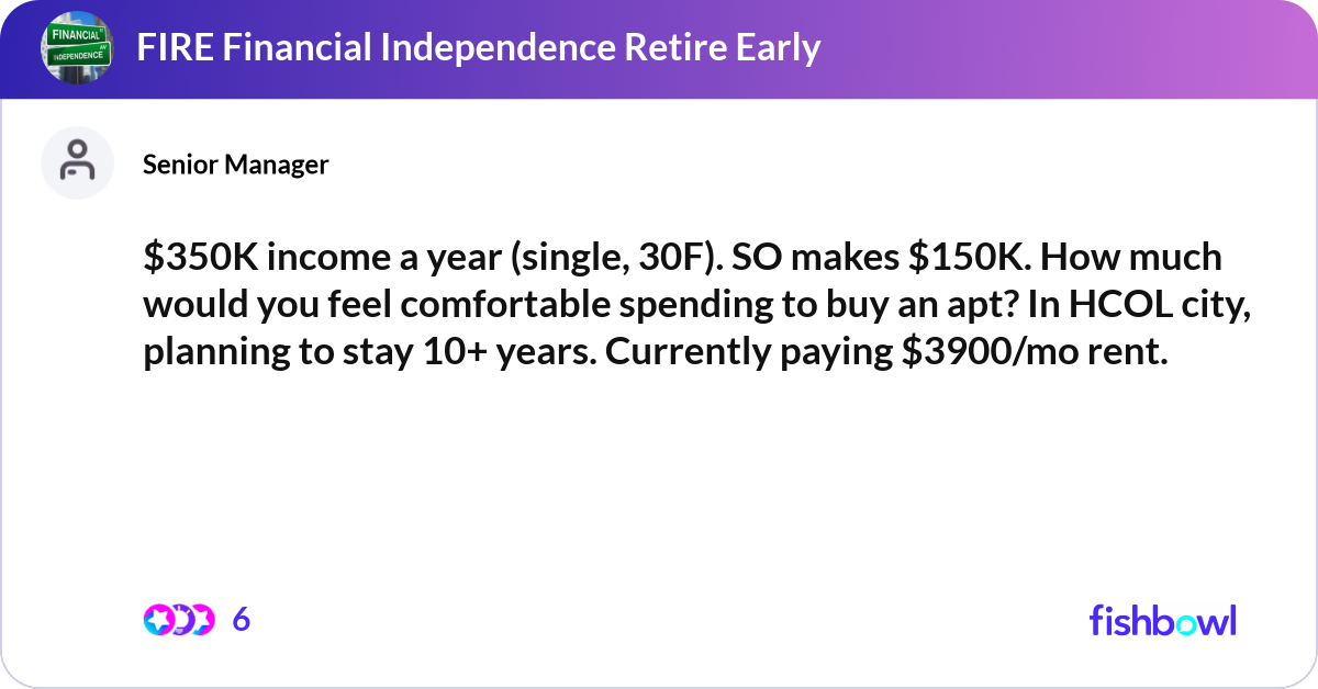 $350K income a year (single, 30F). SO makes $150K.... | Fishbowl
