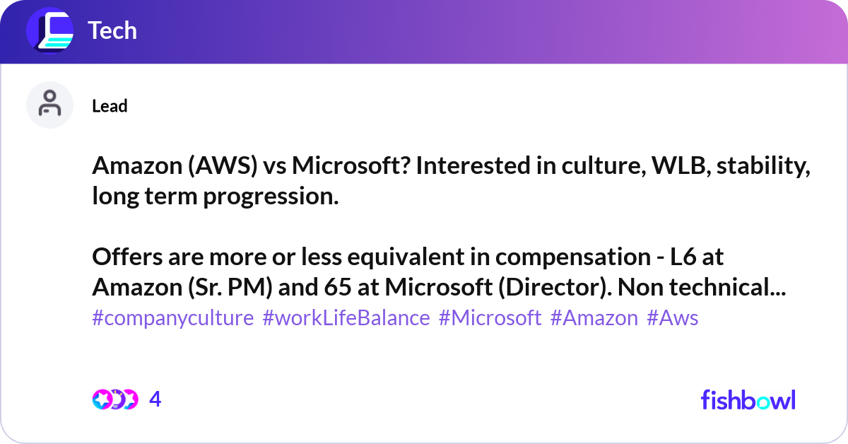 Amazon (AWS) vs Microsoft? Interested in culture, ... | Fishbowl