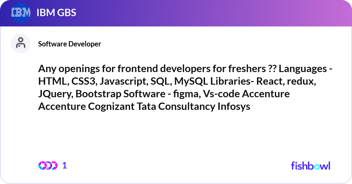 Any openings for frontend developers for freshers ... | Fishbowl
