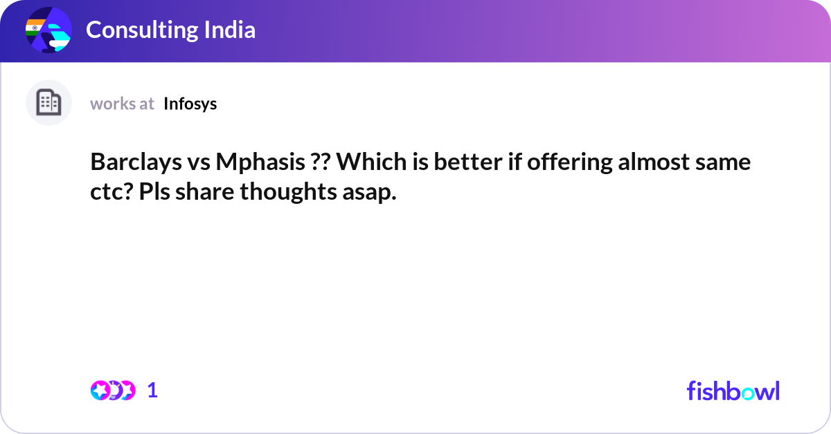 Barclays vs Mphasis ?? Which is better if offering... | Fishbowl