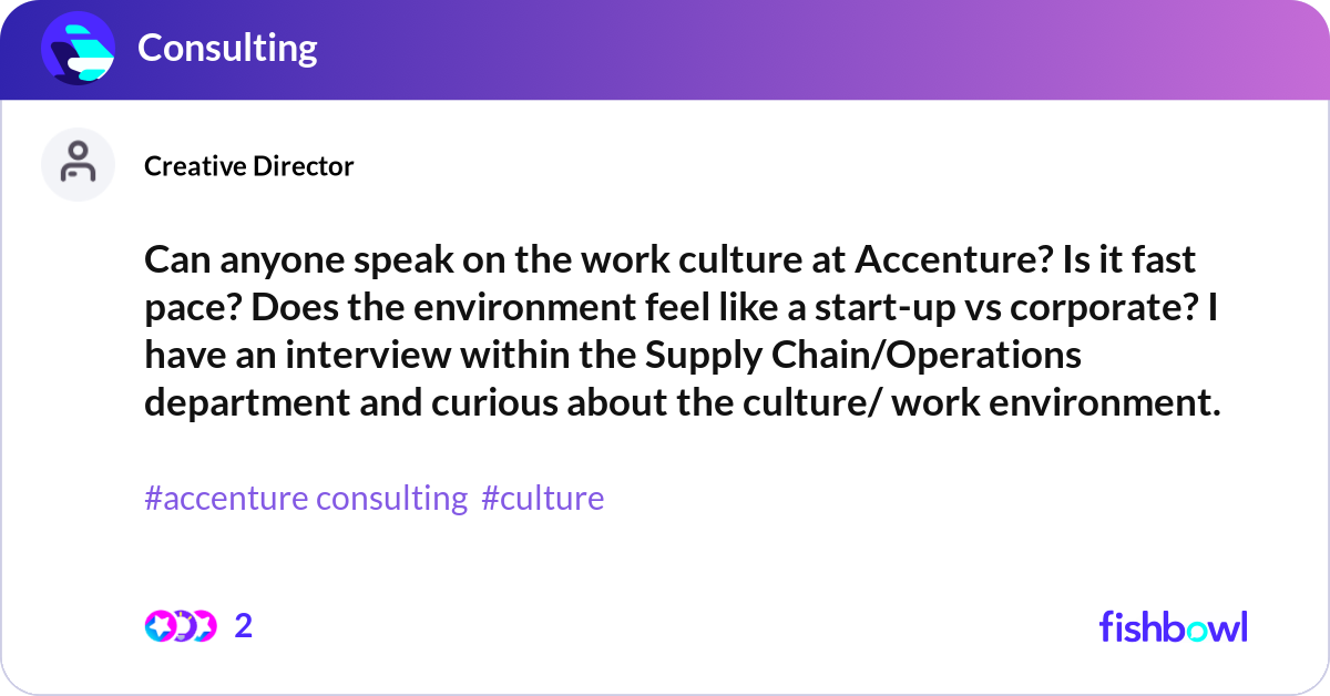 Can anyone speak on the work culture at Accenture?... | Fishbowl