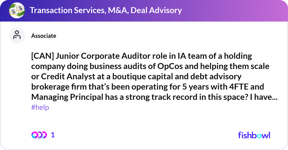 [CAN] Junior Corporate Auditor role in IA team of ... | Fishbowl