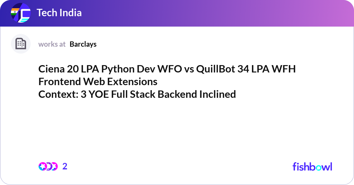 Ciena 20 LPA Python Dev WFO vs QuillBot 34 LPA WFH... | Fishbowl