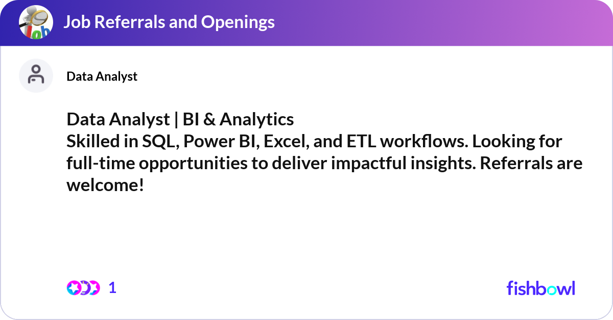 Data Analyst | BI & Analytics Skilled in SQL, Powe... | Fishbowl