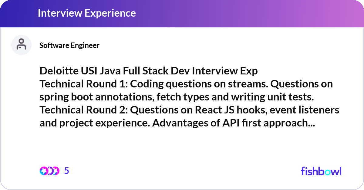 Deloitte USI Java Full Stack Dev Interview Exp Tec... | Fishbowl
