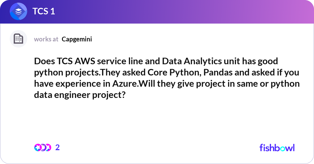 Does TCS AWS service line and Data Analytics unit ... | Fishbowl