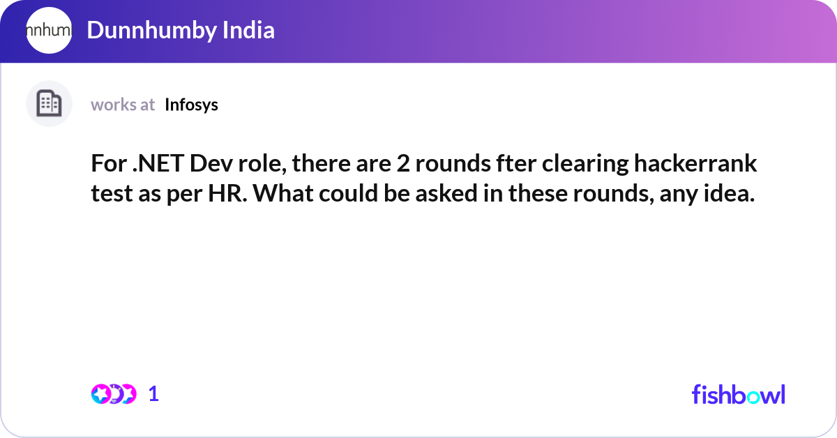 For .NET Dev role, there are 2 rounds fter clearin... | Fishbowl