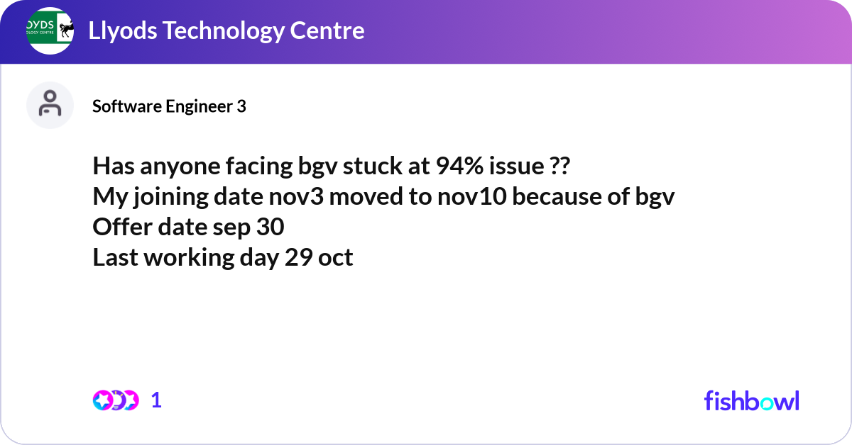 Has anyone facing bgv stuck at 94% issue ?? My jo... | Fishbowl