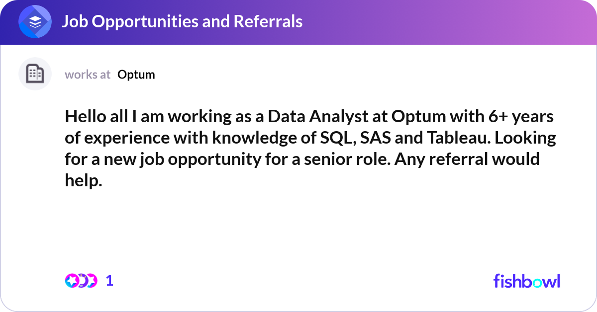 Hello all I am working as a Data Analyst at Optum | Fishbowl