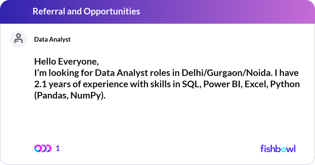 Hello Everyone, I’m looking for Data Analyst roles... | Fishbowl