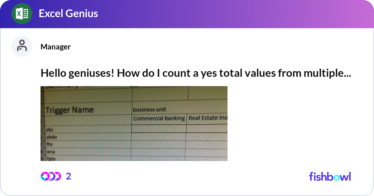 Hello geniuses! How do I count a yes total values ... | Fishbowl