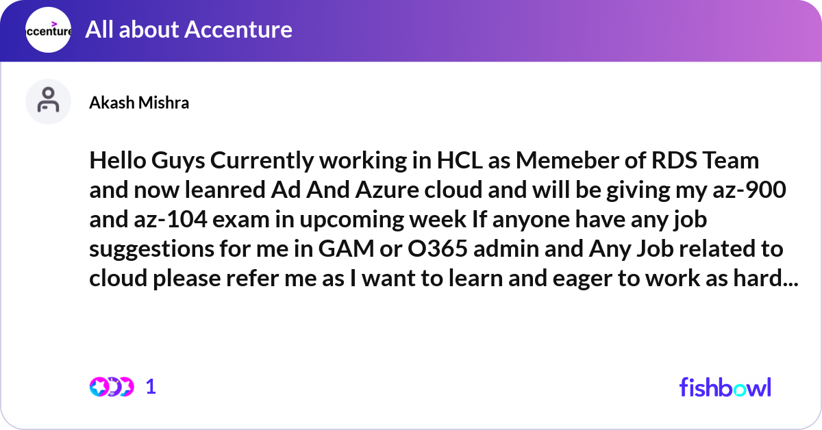 Hello Guys Currently working in HCL as Memeber of ... | Fishbowl