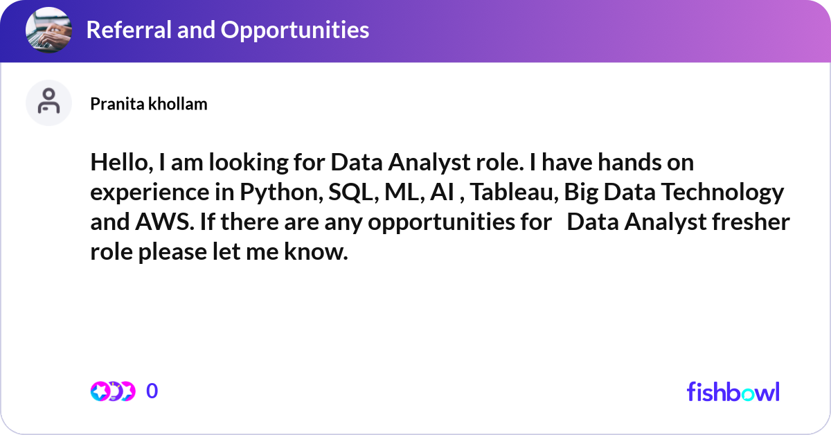 Hello, I am looking for Data Analyst role. I have ... | Fishbowl