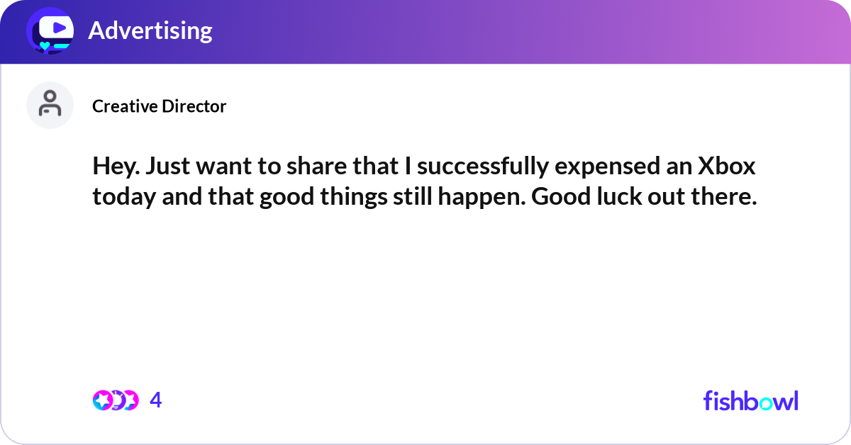 Hey. Just want to share that I successfully expens... | Fishbowl