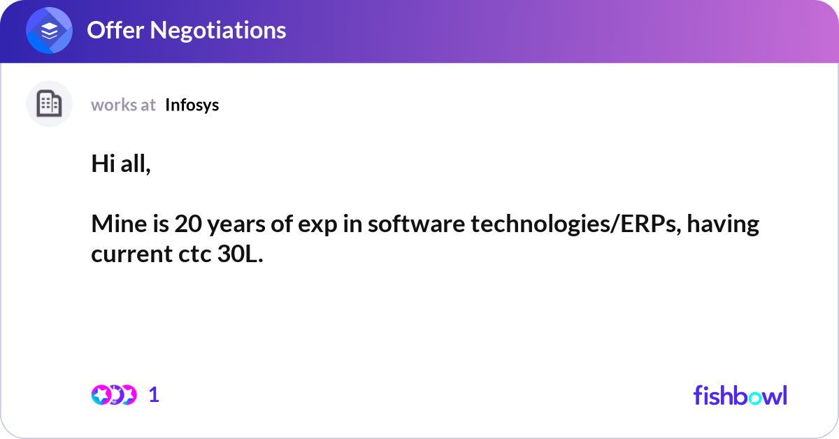 Hi all, Mine is 20 years of exp in software techn... | Fishbowl
