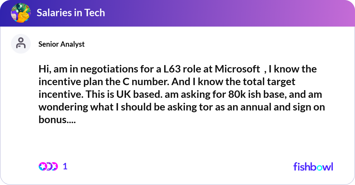 Hi, am in negotiations for a L63 role at Microsoft... Fishbowl