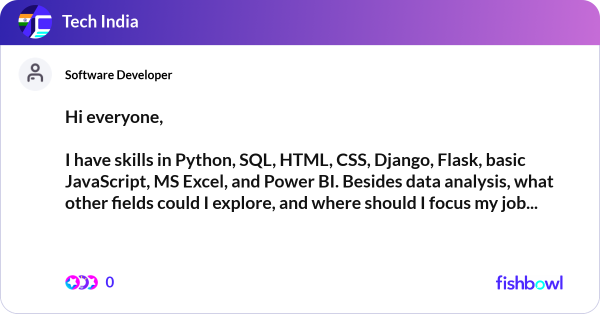 python & sql skills for data professionals | isha... Hi everyone, I have skills in Python, SQL, HTML, ... | Fishbowl