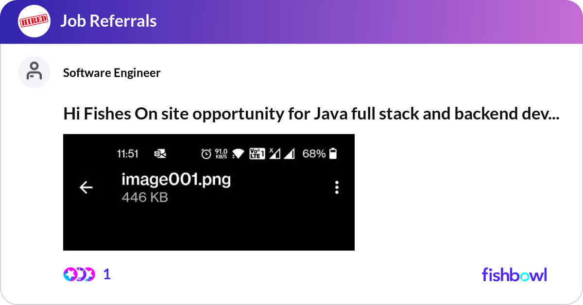 Hi Fishes On site opportunity for Java full stack ... | Fishbowl