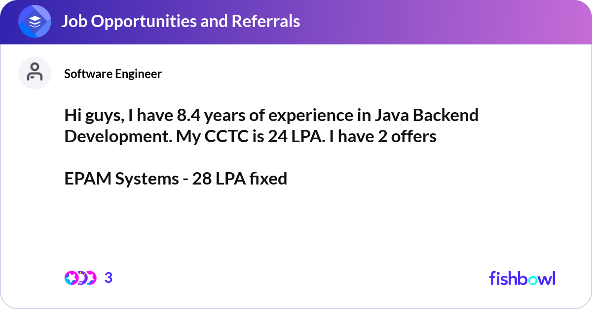 Hi guys, I have 8.4 years of experience in Java Ba... | Fishbowl