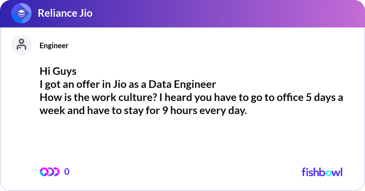 Hi Guys I got an offer in Jio as a Data Engineer ... | Fishbowl