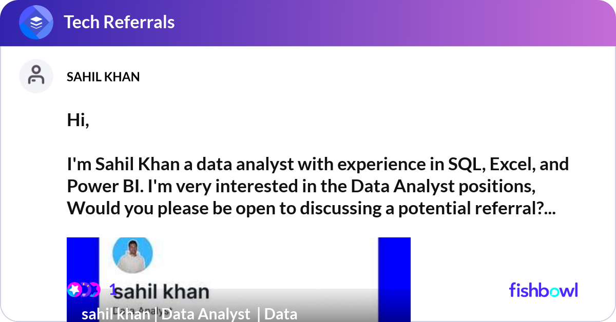 Hi, I'm Sahil Khan a data analyst with experience... | Fishbowl