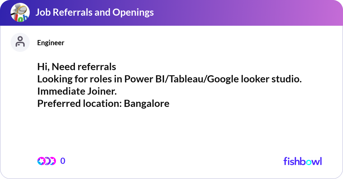 Hi, Need referrals Looking for roles in Power BI/T... | Fishbowl