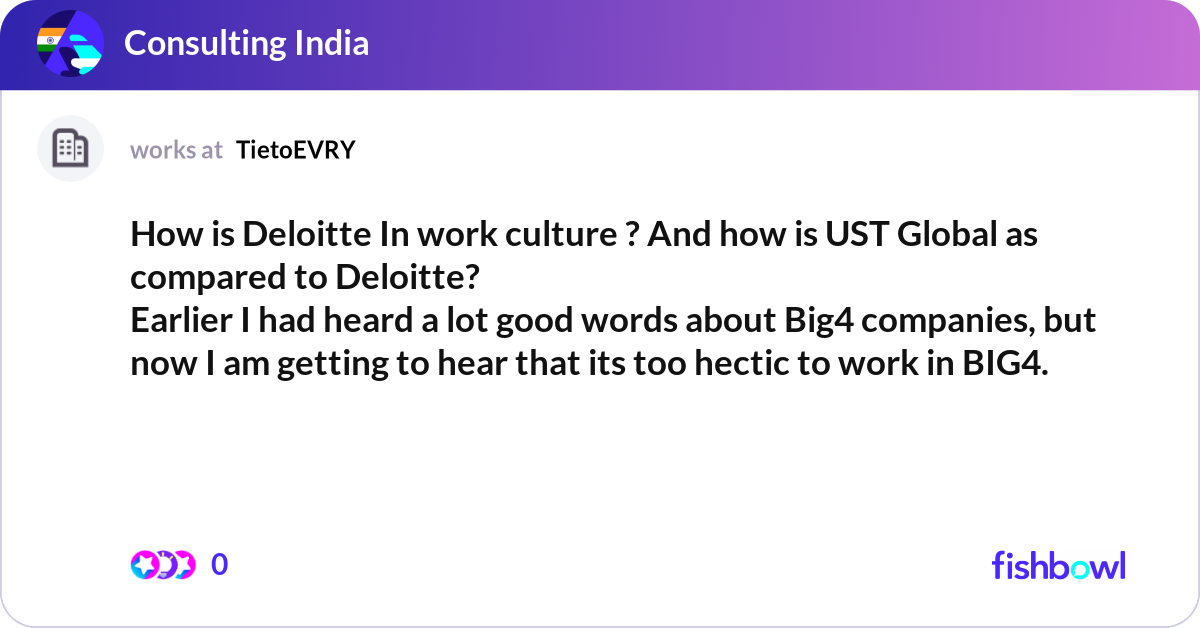 How is Deloitte In work culture ? And how is UST G... | Fishbowl