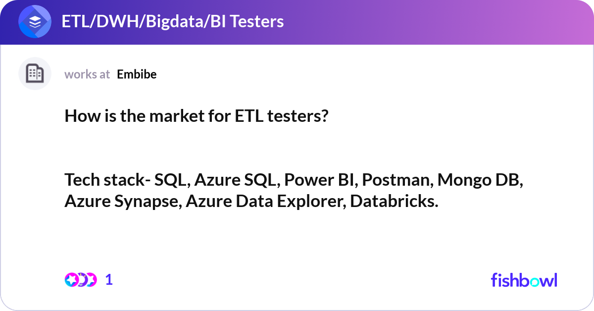 How is the market for ETL testers? Tech stack- S... | Fishbowl