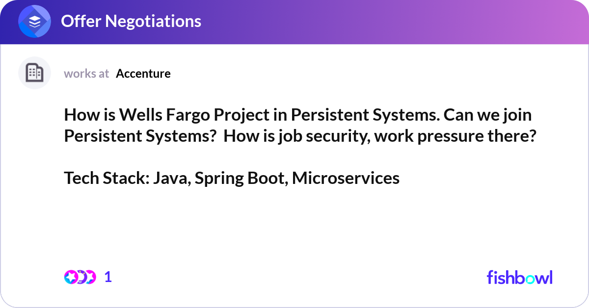 Persistent Project Message How is Wells Fargo Project in Persistent Systems. ... | Fishbowl