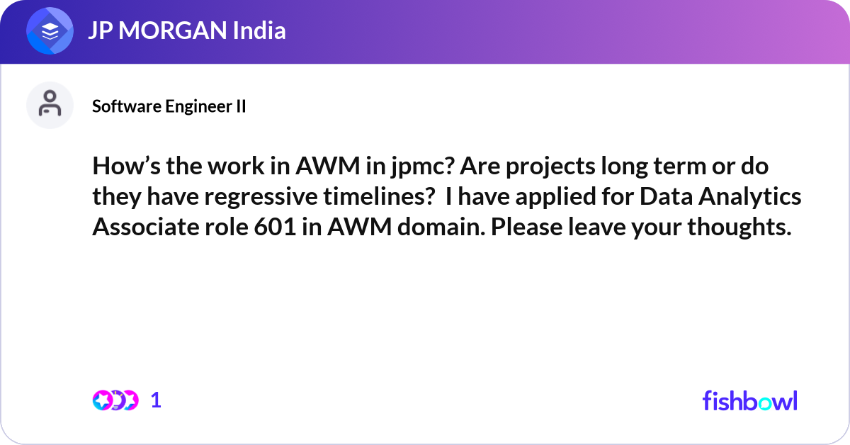 How’s the work in AWM in jpmc? Are projects long t... | Fishbowl