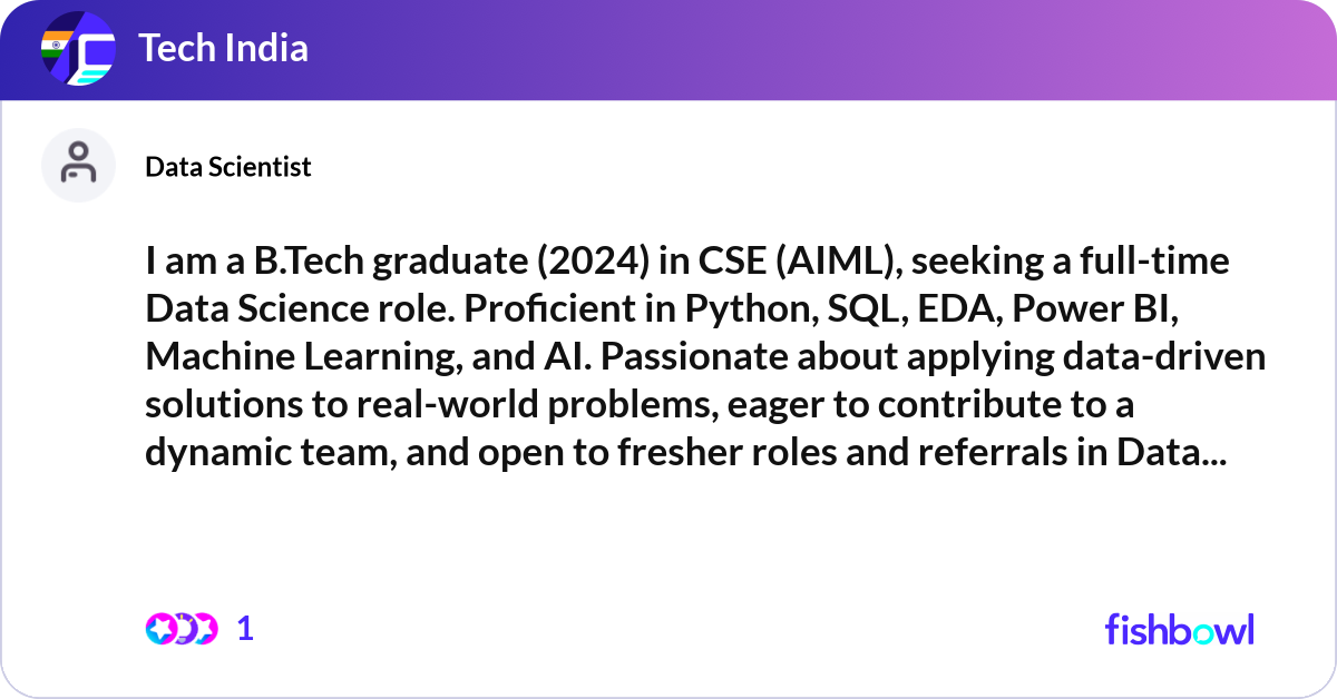I am a B.Tech graduate (2024) in CSE (AIML), seeki... | Fishbowl