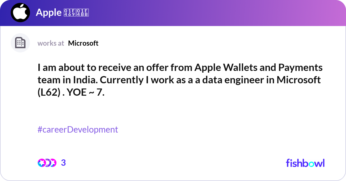 I am about to receive an offer from Apple Wallets ... | Fishbowl
