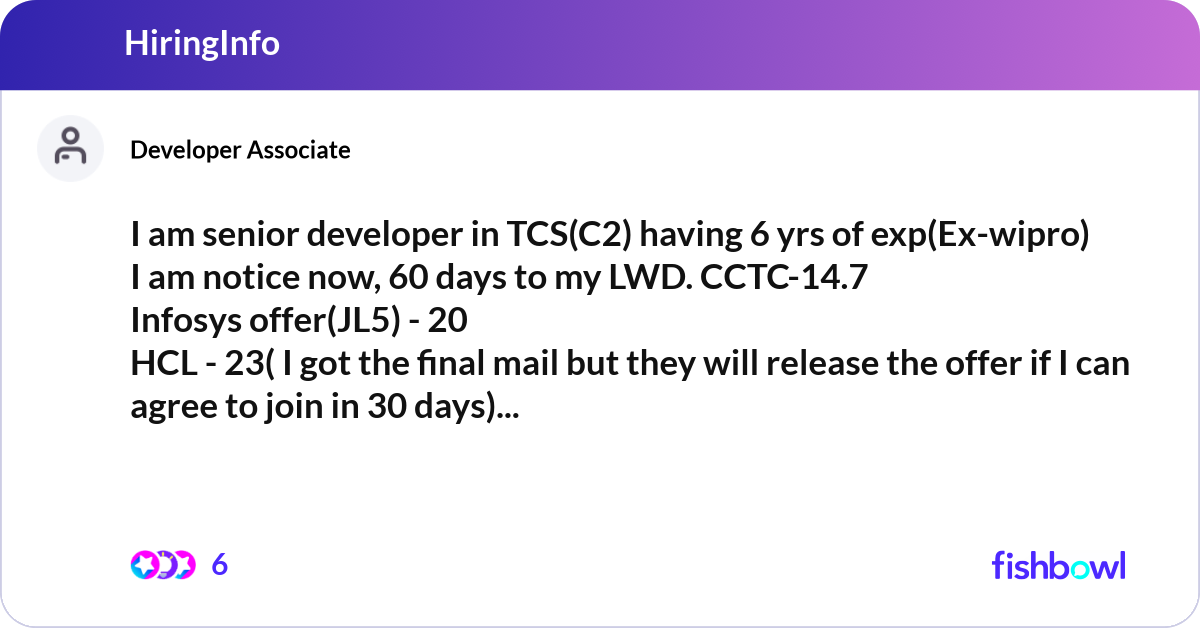 I am senior developer in TCS(C2) having 6 yrs of e... | Fishbowl