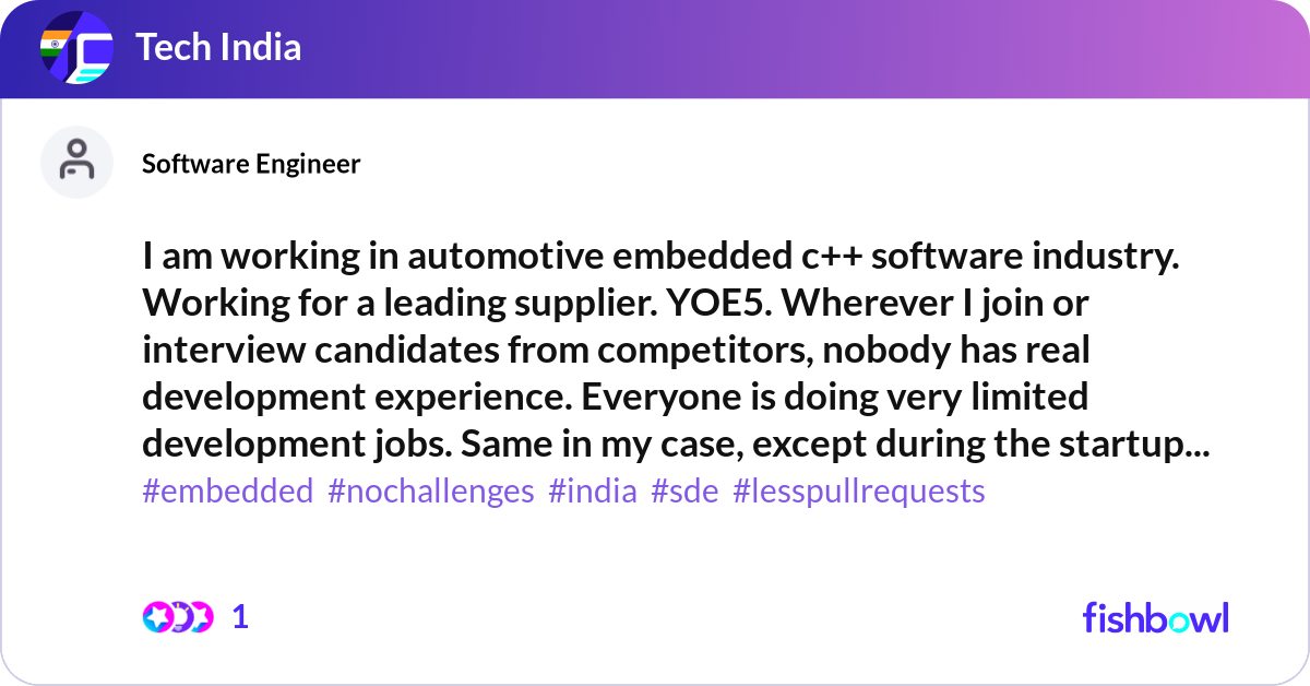 I am working in automotive embedded c++ software i... | Fishbowl