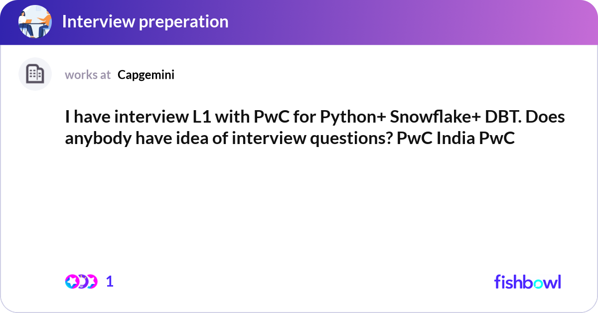 I have interview L1 with PwC for Python+ Snowflake... | Fishbowl