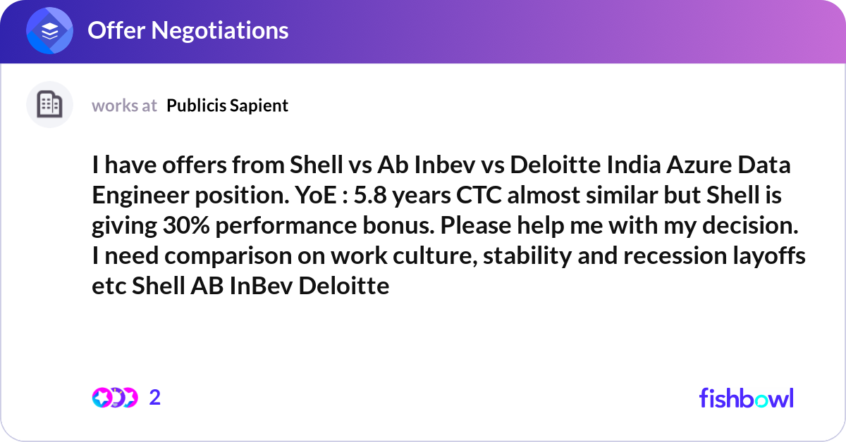 Shell Li Deloitte I have offers from Shell vs Ab Inbev vs Deloitte I... | Fishbowl