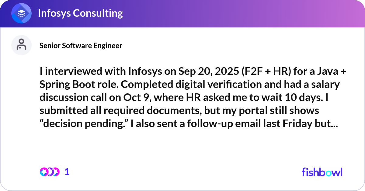 I interviewed with Infosys on Sep 20, 2025 (F2F + ... | Fishbowl