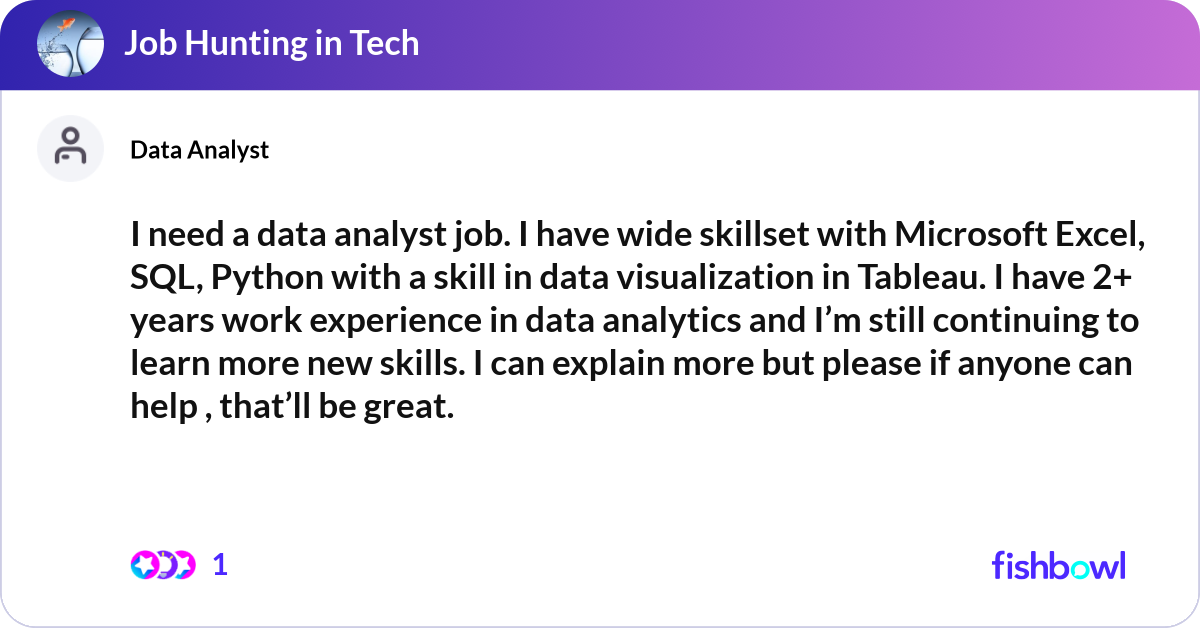 I need a data analyst job. I have wide skillset wi... | Fishbowl