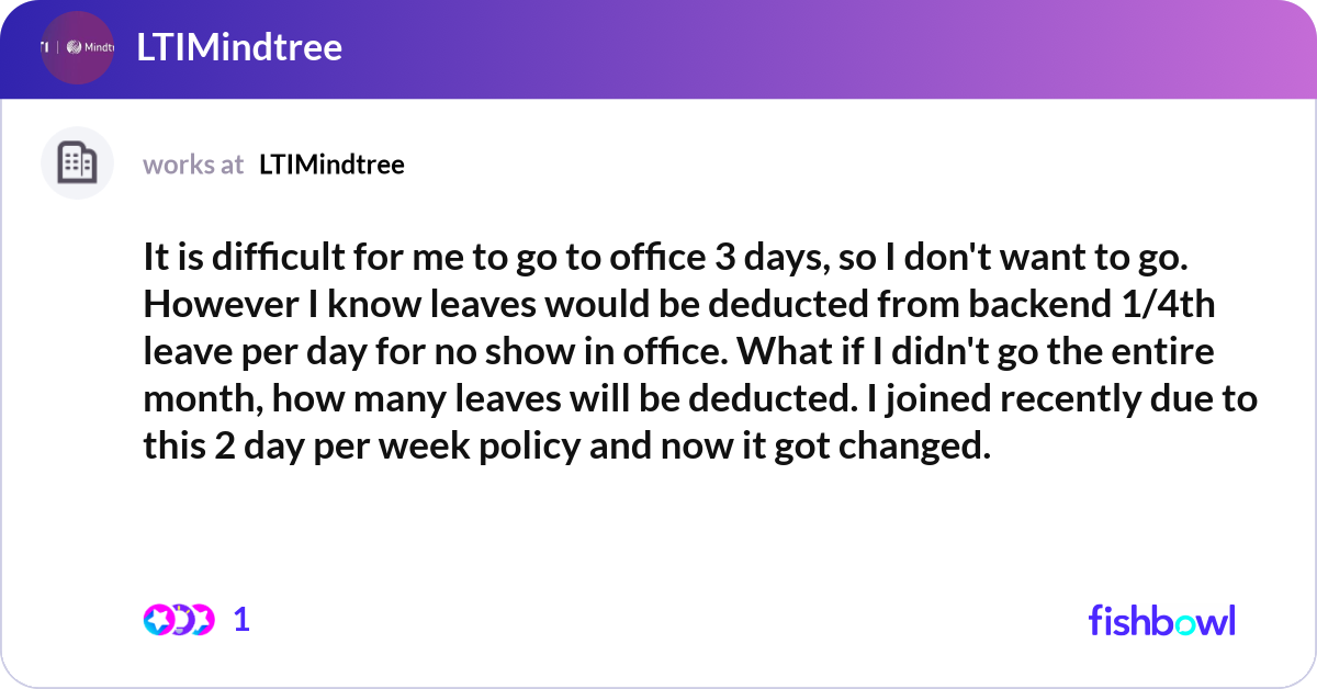 It is difficult for me to go to office 3 days, so ... | Fishbowl