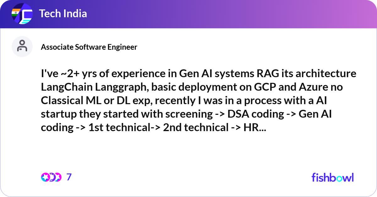 I've ~2+ yrs of experience in Gen AI systems RAG i... | Fishbowl