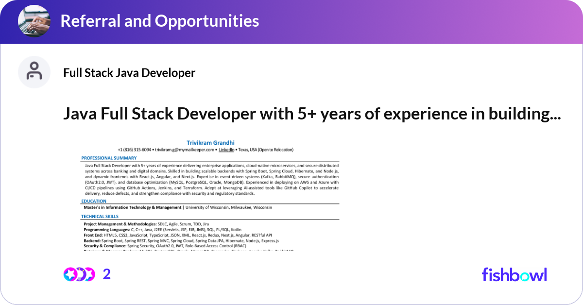 Java Full Stack Developer with 5+ years of experie... | Fishbowl