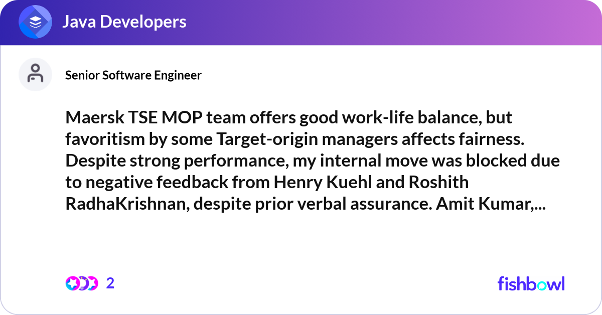 Tse Work Maersk TSE MOP team offers good work-life balance,... | Fishbowl