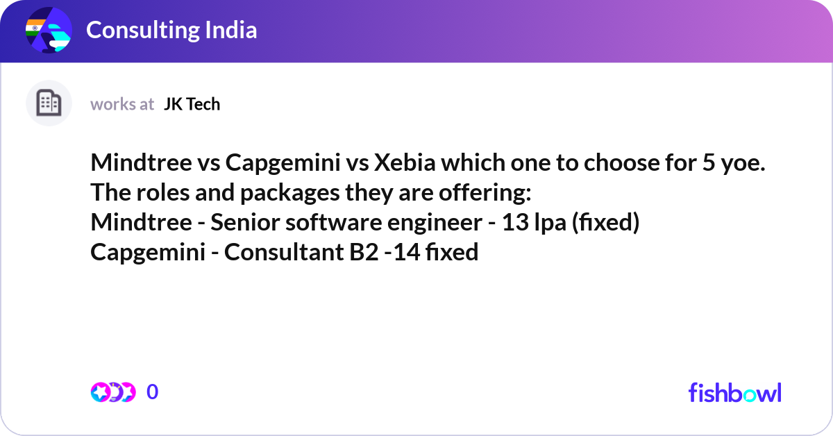 Mindtree vs Capgemini vs Xebia which one to choose... | Fishbowl