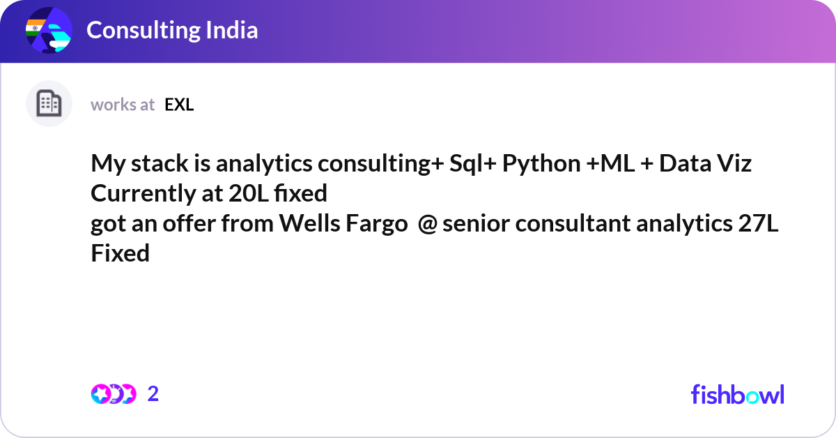 My stack is analytics consulting+ Sql+ Python +ML ... | Fishbowl