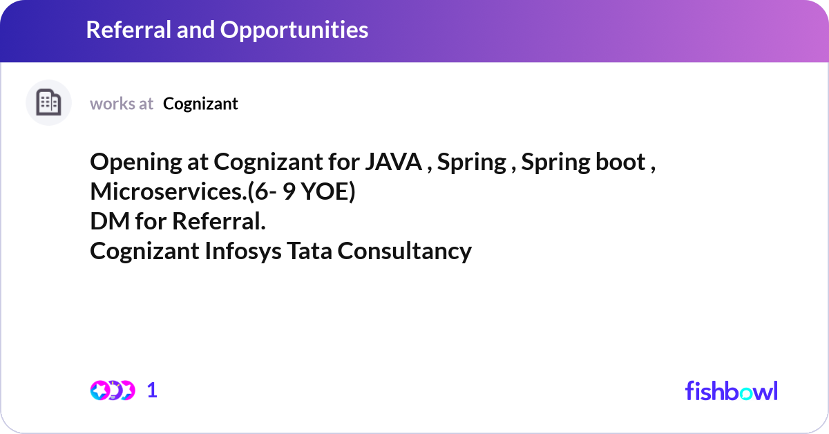 Opening at Cognizant for JAVA , Spring , Spring bo... | Fishbowl