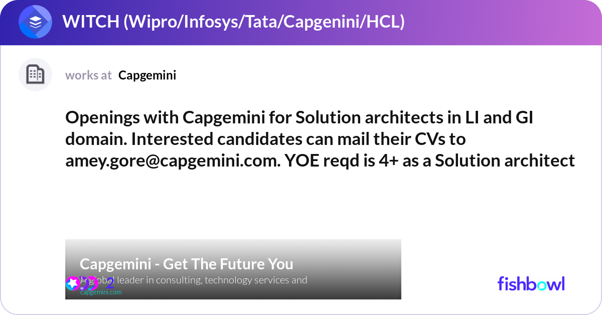 Openings with Capgemini for Solution architects in... | Fishbowl