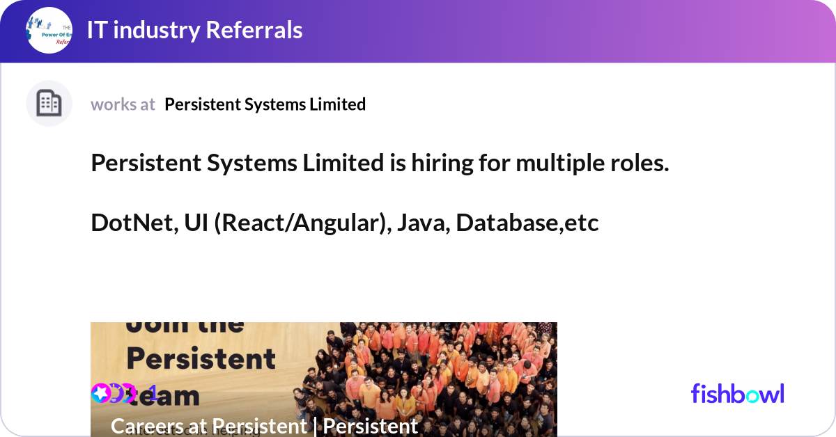 Persistent Systems Limited is hiring for multiple ... | Fishbowl