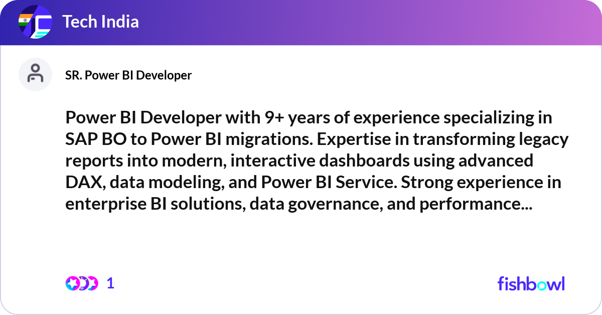 Power BI Developer with 9+ years of experience spe... | Fishbowl