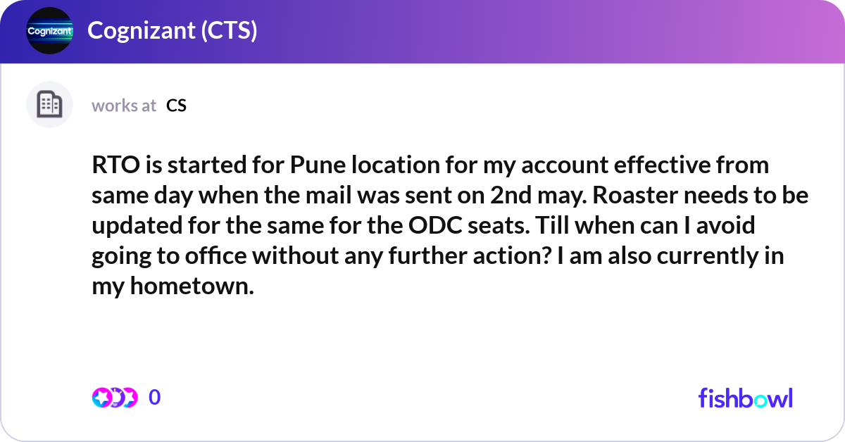 RTO is started for Pune location for my account ef... | Fishbowl