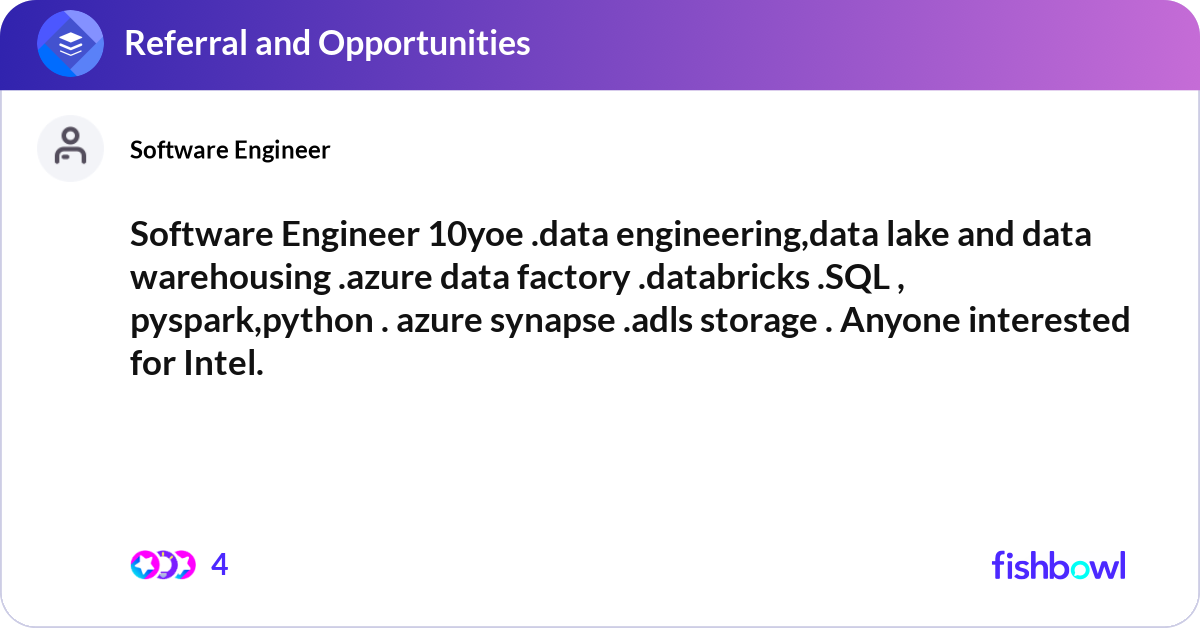 Software Engineer 10yoe .data engineering,data lak... | Fishbowl